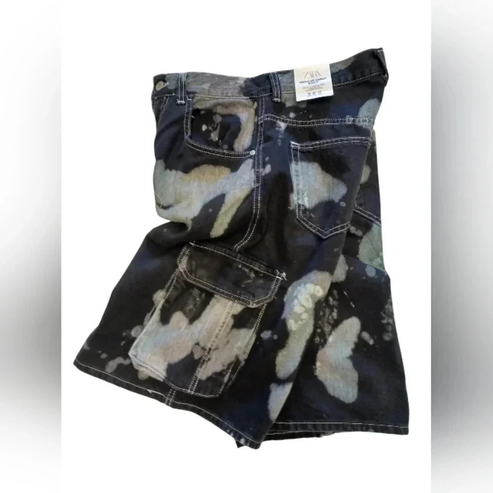Zara Black With Tie Dye Denim Cargo Style Shorts Size  30